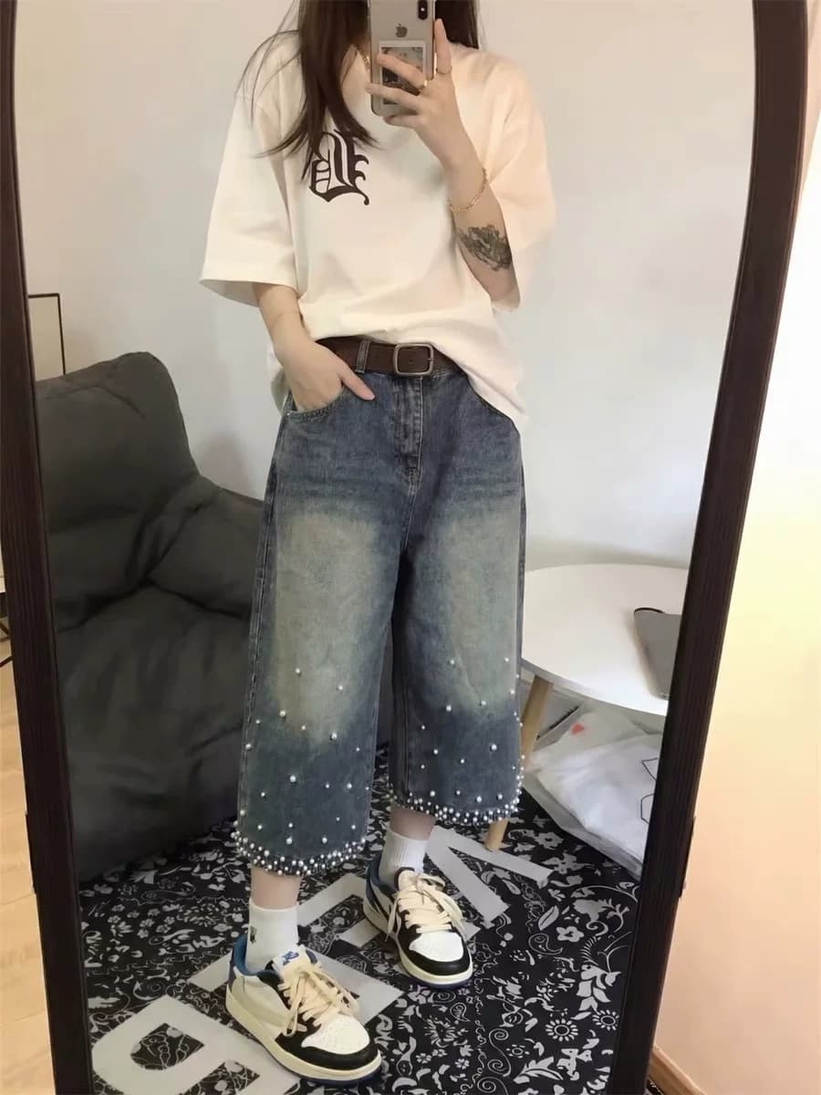 워싱 진주 7 점 청바지 패션 다용도 워싱 하이웨이스트 슬림해 보이는 스트레이트 루즈핏 넓은 다리 데님 바지 상세 이미지 1