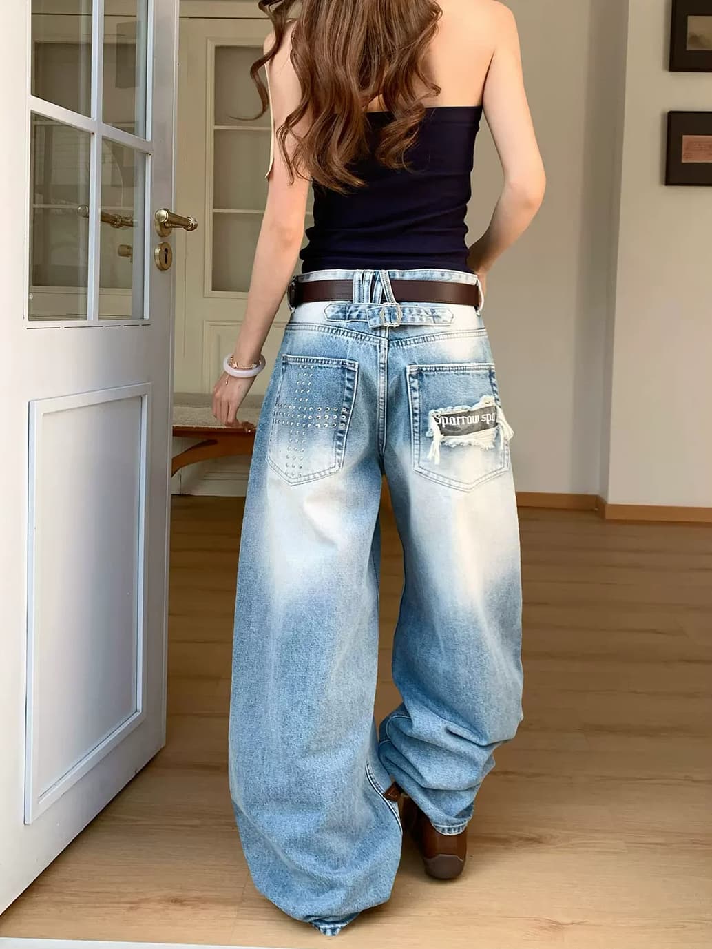 아메리칸 레트로 스타일 워싱 징 찢어진 부분 청바지 여성 고양이 반드시 곡물 모통이 칼 바지 cleanfit 스트레이트 부츠컷 바지 상세 이미지 1