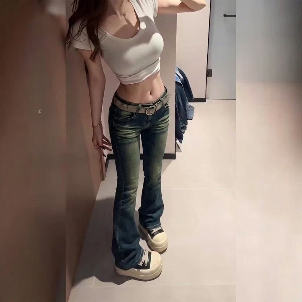 아메리칸 트렌드 개성 날개 자수 데님 바지 워싱 하이웨이스트 y2k 천년기 핫걸 마이크로 나팔 긴 바지 이미지 2