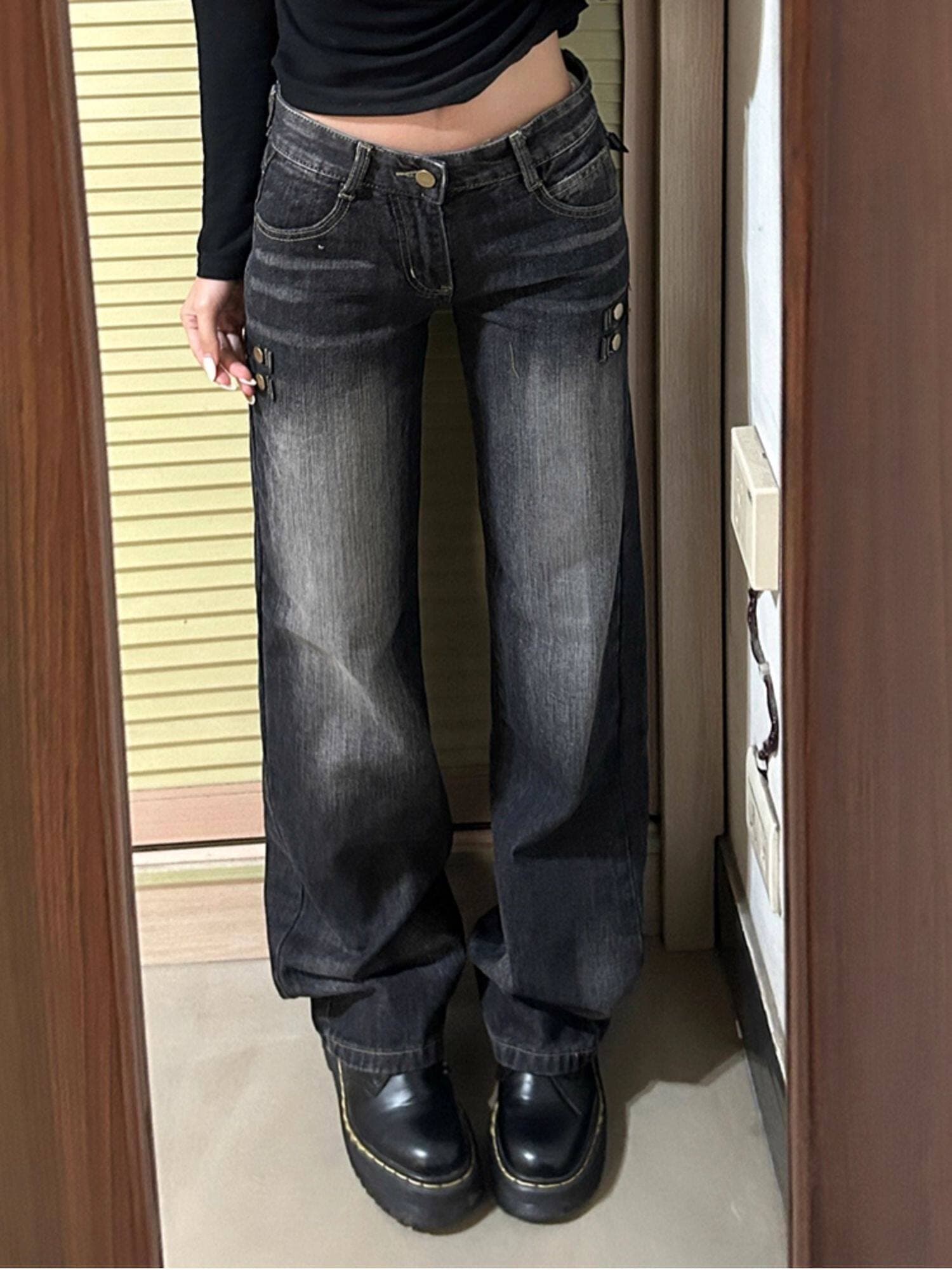 아메리칸 레트로 해체 패치워크 트렌드 다용도 청바지 패션 넓은 다리 거리 명시적 스티치 디자인 슬림해 보이는 긴 바지 상세 이미지 3