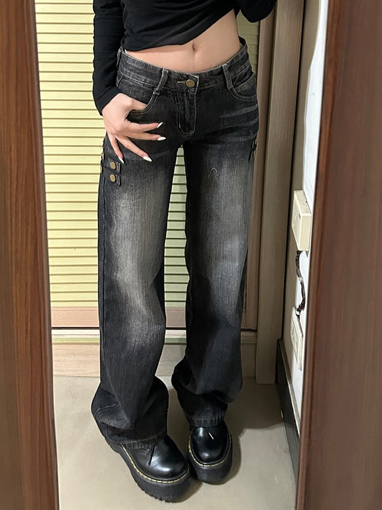 아메리칸 레트로 해체 패치워크 트렌드 다용도 청바지 패션 넓은 다리 거리 명시적 스티치 디자인 슬림해 보이는 긴 바지 상세 이미지 4