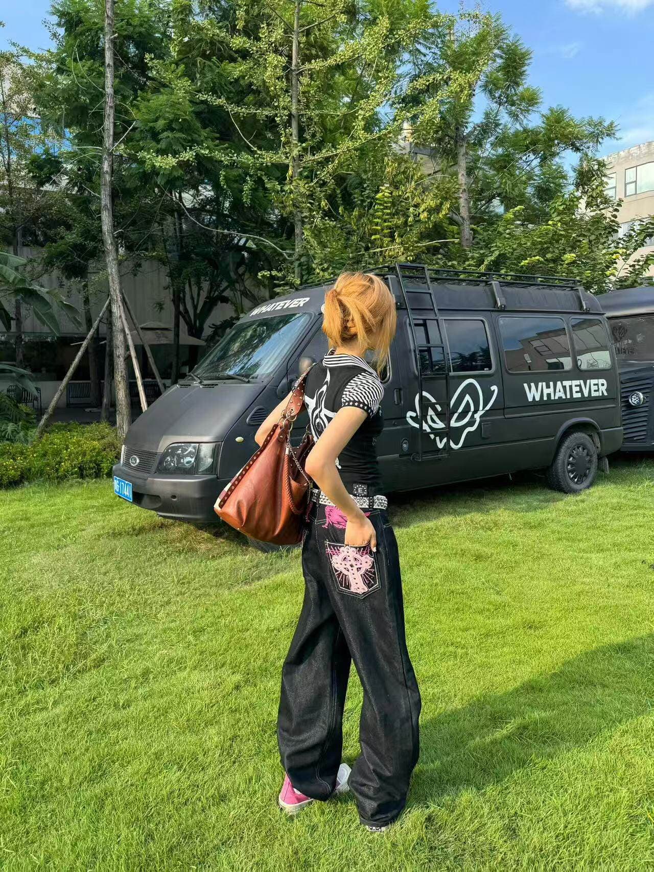 아메리칸 십자가 징 모통이 칼 청바지 패션 다용도 루즈핏 디자인 센스 캐주얼 바지 스트레이트 넓은 다리 길이 바지 상세 이미지 1