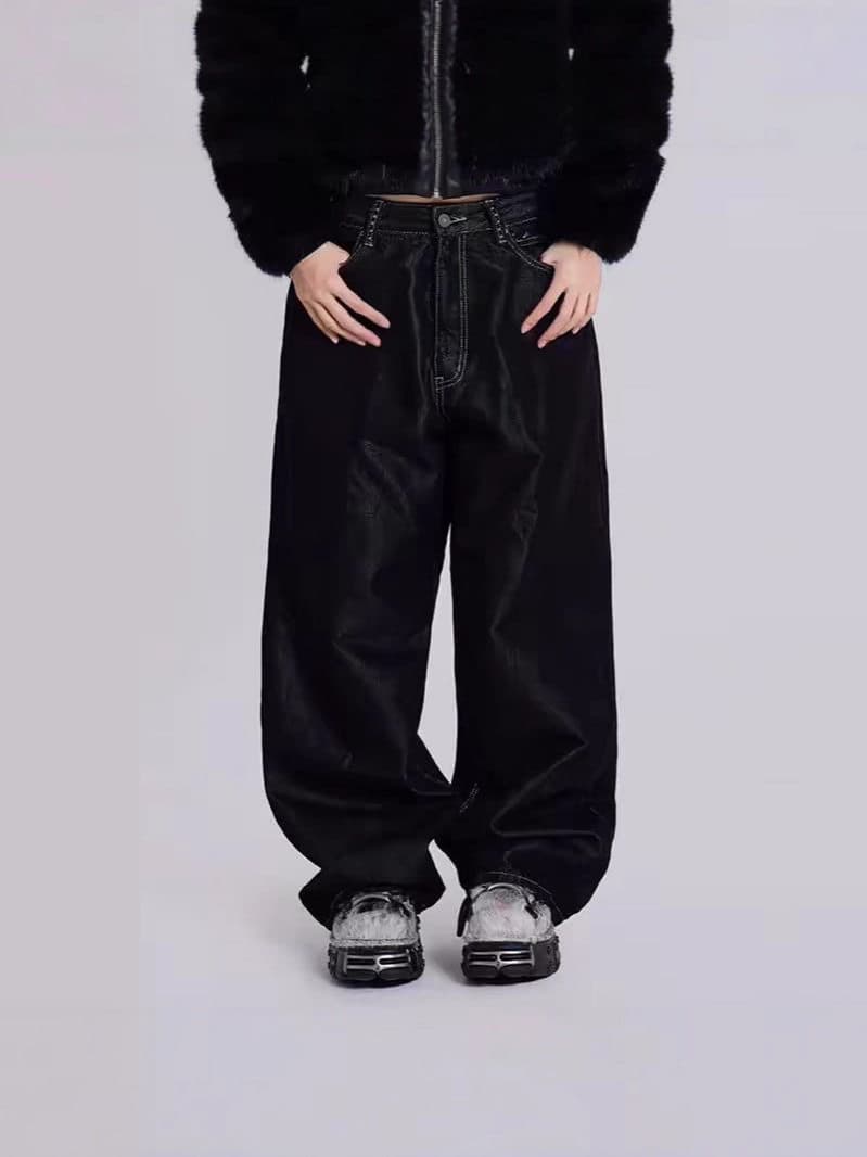아메리칸 십자가 징 모통이 칼 청바지 하이웨이스트 레트로 트렌드 루즈핏 디자인 센스 스트레이트 넓은 다리 길이 바지 이미지 3