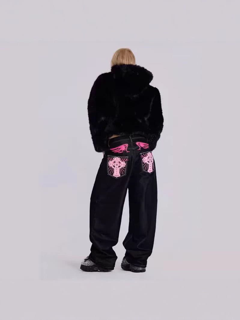 아메리칸 십자가 징 모통이 칼 청바지 하이웨이스트 레트로 트렌드 루즈핏 디자인 센스 스트레이트 넓은 다리 길이 바지 상세 이미지 4
