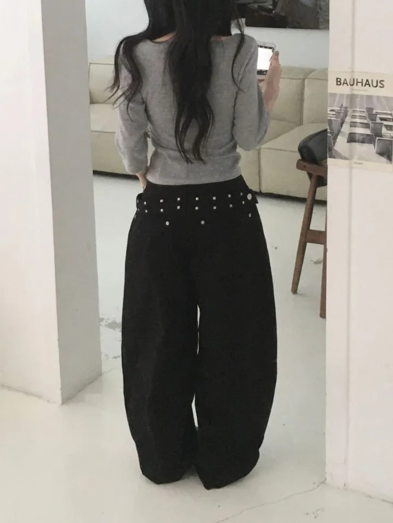 거리 바람 징 디자인 트렌드 높음 거리 다용도 루즈핏 슬림해 보이는 넓은 다리 청바지 캐주얼 풍선 워크웨어 긴 바지 이미지 4