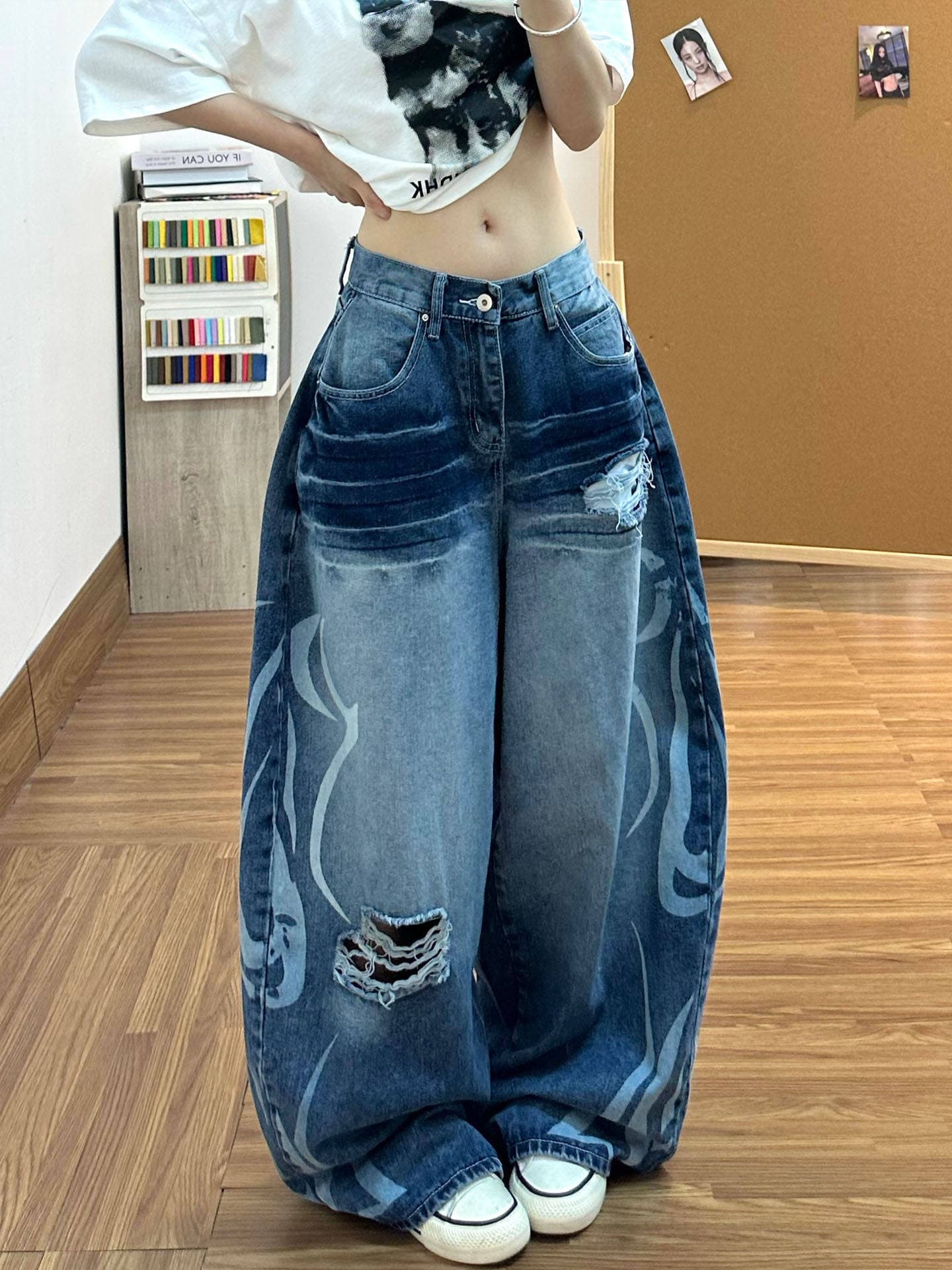 아메리칸 레트로 마 오래된 찢어진 부분 모통이 칼 청바지 바지 작은 대중 패션 다용도 캐주얼 루즈핏 넓은 다리 바닥 청소 바지