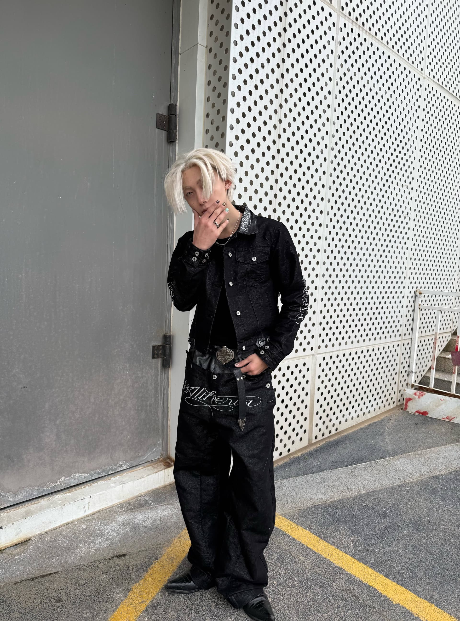패션 다용도 악당 잘 생긴 자수 무거운 작업 모통이 칼 바지 느슨함 센스 루즈핏 워싱 넓은 다리 청바지 바닥 청소 긴 바지 상세 이미지 1