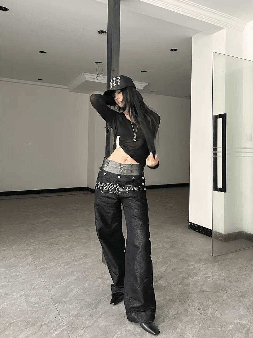 패션 다용도 악당 잘 생긴 자수 무거운 작업 모통이 칼 바지 느슨함 센스 루즈핏 워싱 넓은 다리 청바지 바닥 청소 긴 바지 상세 이미지 5