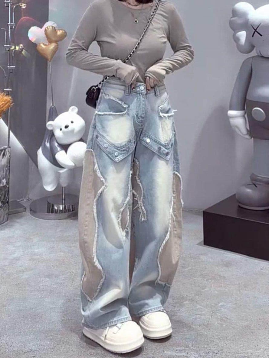 아메리칸 레트로 슈퍼 화재 차가운 바람의 소리 바람 캐주얼 운동 패션 연령 감소 높음 거리 캐주얼 패치워크 마 오래된 데님 와이드 레그 팬츠