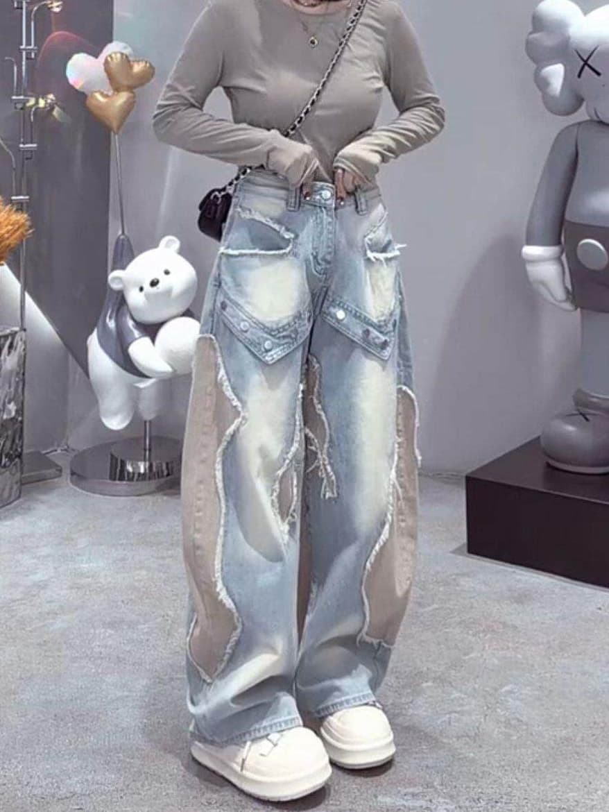 아메리칸 레트로 슈퍼 화재 차가운 바람의 소리 바람 캐주얼 운동 패션 연령 감소 높음 거리 캐주얼 패치워크 마 오래된 데님 와이드 레그 팬츠 상세 이미지 2