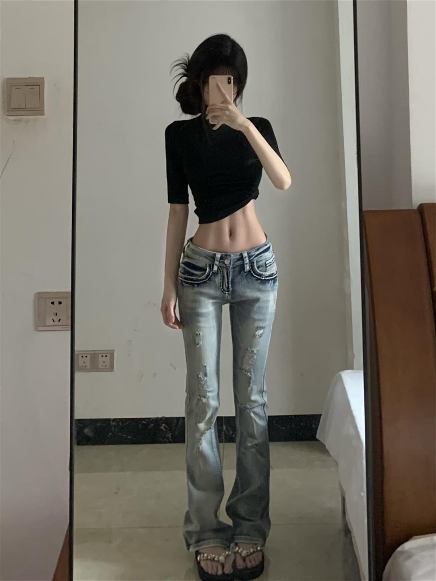 레트로 하늘색 찢어진 부분 로우 웨이스트 부츠컷 청바지 무거운 작업 테두리 장식 주머니 몸매 가꾸기 호스 슈 바지 상세 이미지 4