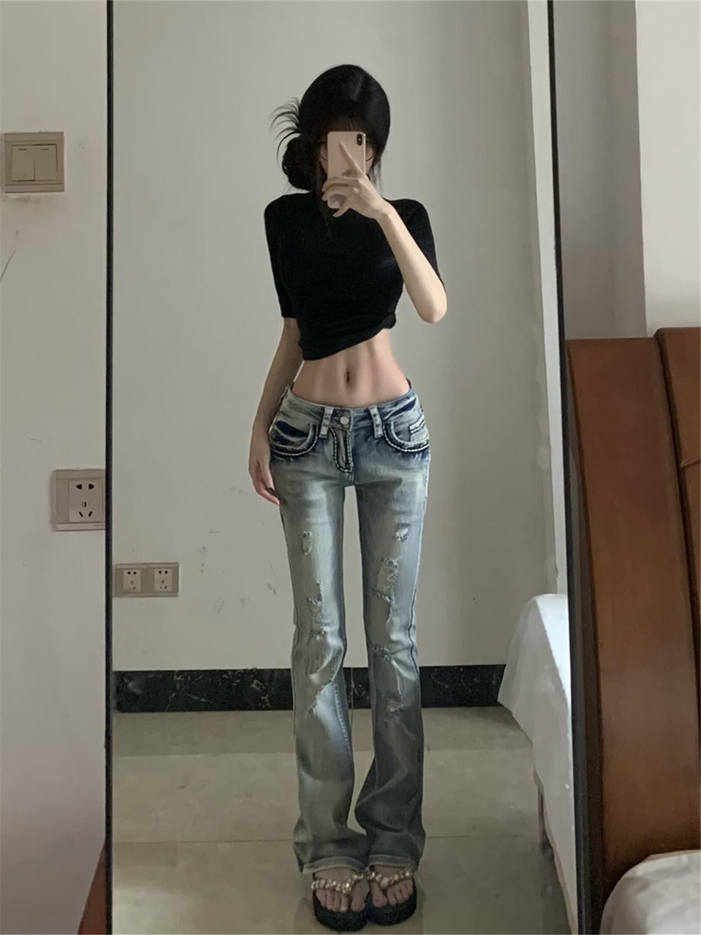 레트로 하늘색 찢어진 부분 로우 웨이스트 부츠컷 청바지 무거운 작업 테두리 장식 주머니 몸매 가꾸기 호스 슈 바지 상세 이미지 5