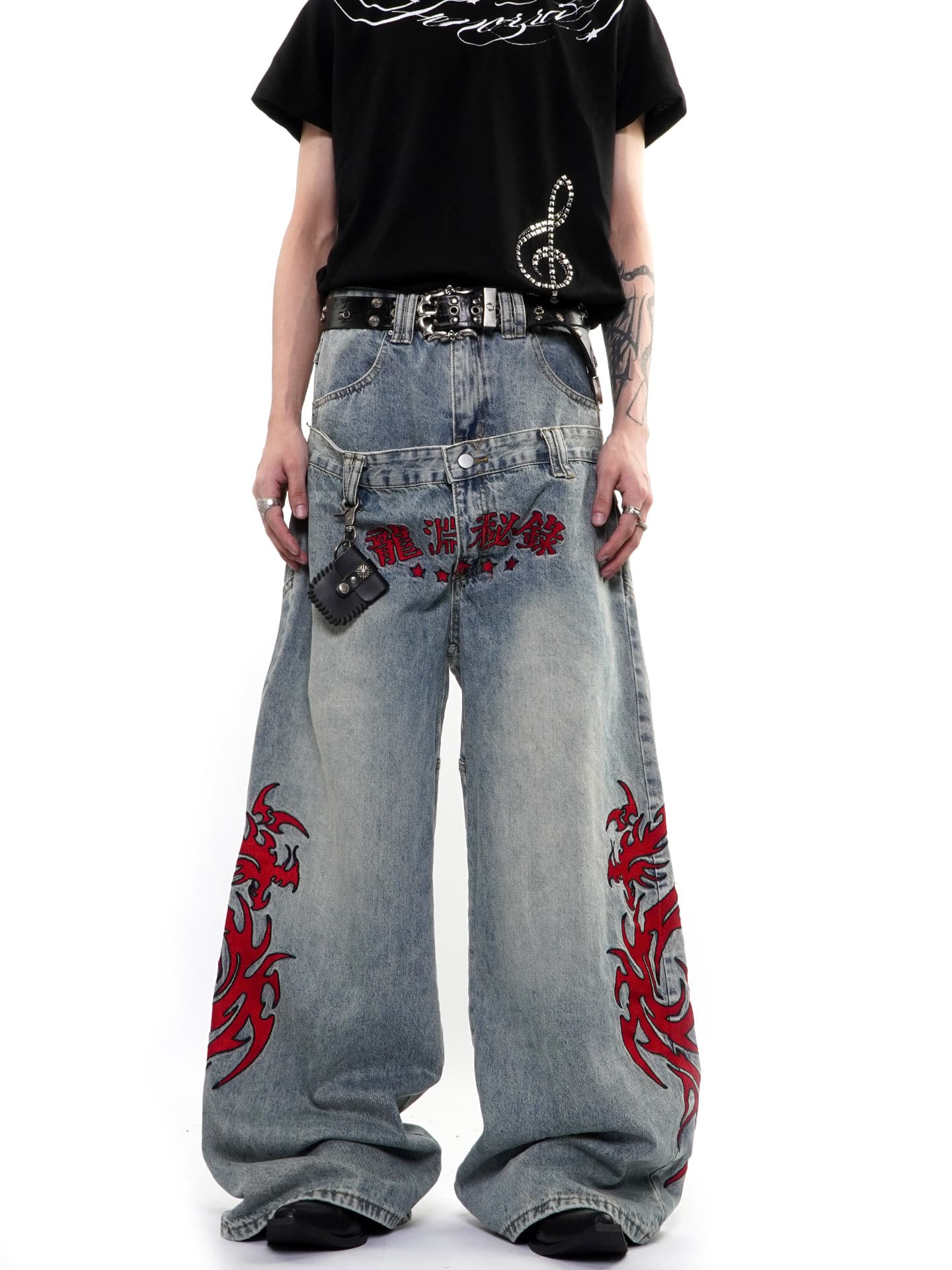 국가 트렌디 중식 용 토템 무거운 작업 자수 이중층 허리 넓은 다리 청바지 펑크 거리 바닥 청소 바지 이미지 2