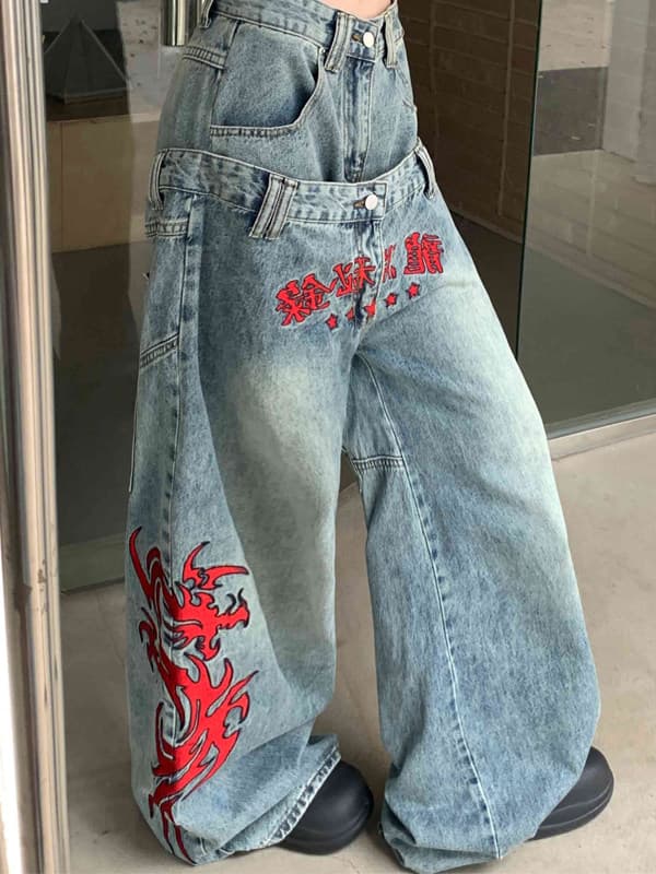 y2k 이문화 페이크 레이어드 더블 허리 머리 레드 드래곤 자수 워싱 루즈핏 넓은 다리 데님 바닥 청소 바지 이미지 2