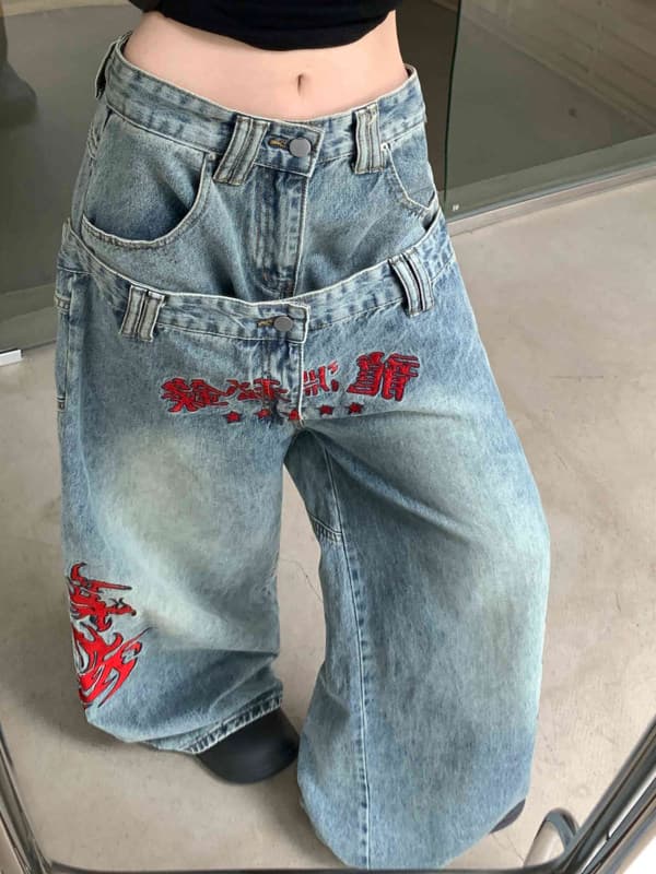 y2k 이문화 페이크 레이어드 더블 허리 머리 레드 드래곤 자수 워싱 루즈핏 넓은 다리 데님 바닥 청소 바지 상세 이미지 3