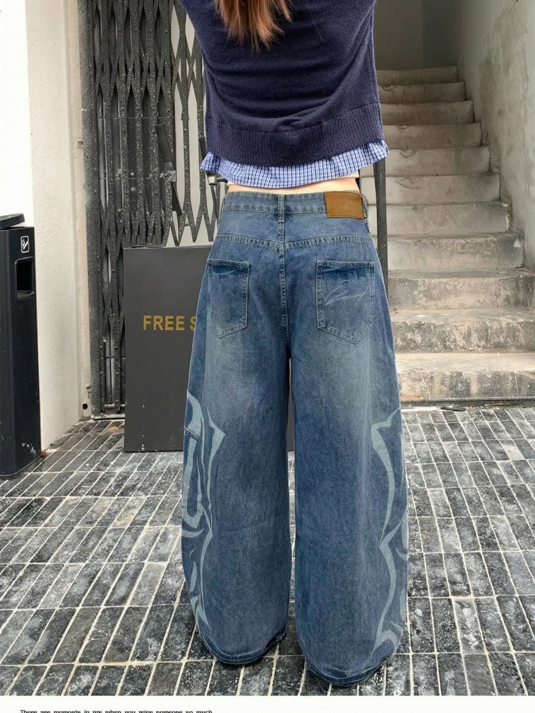 아메리칸 레트로 워싱 찢어진 부분 패턴 다용도 모통이 칼 청바지 바지 여자 캐주얼 루즈핏 넓은 다리 바닥 청소 바지 이미지 2