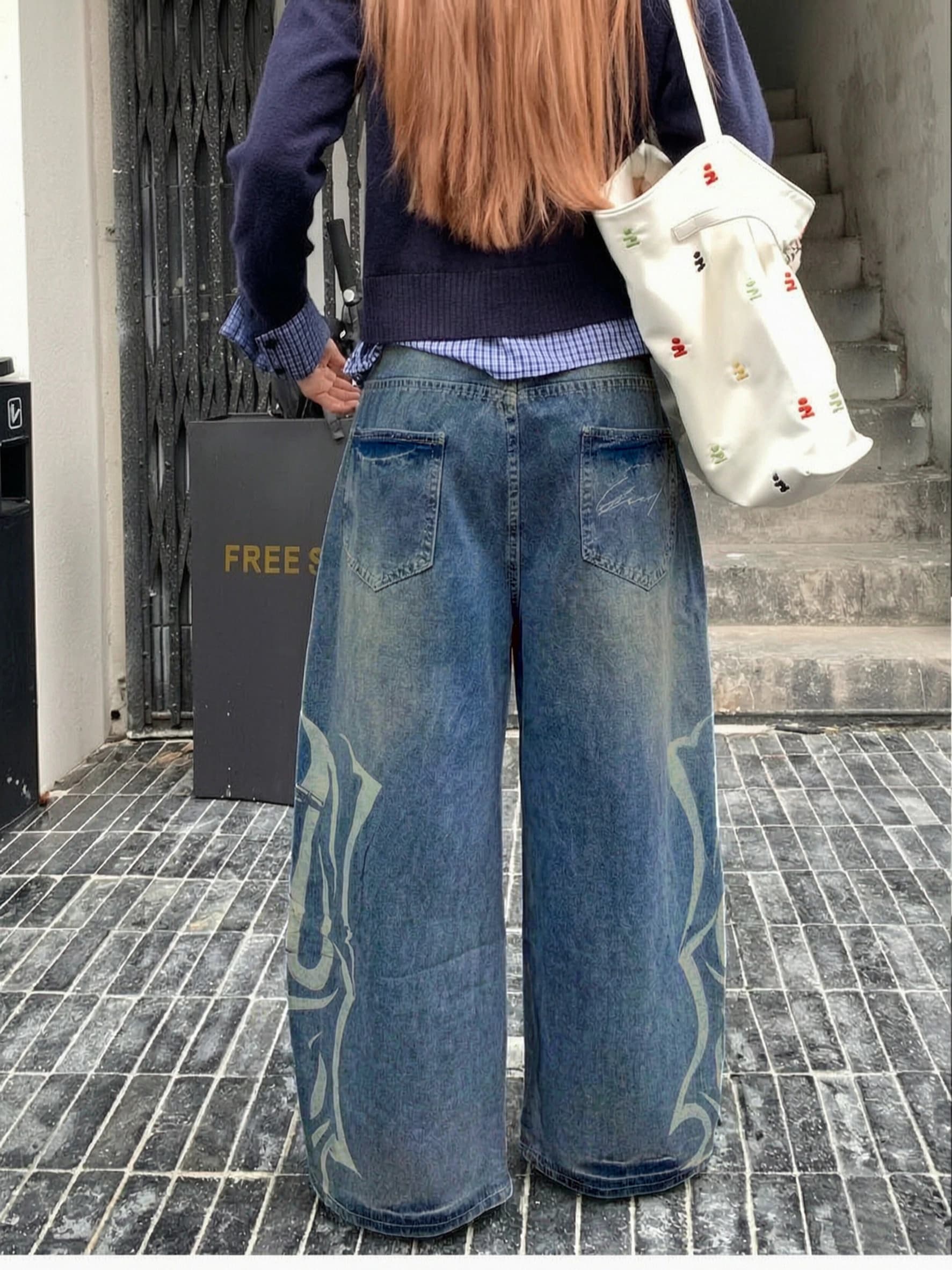 아메리칸 레트로 워싱 찢어진 부분 패턴 다용도 모통이 칼 청바지 바지 여자 캐주얼 루즈핏 넓은 다리 바닥 청소 바지 상세 이미지 4