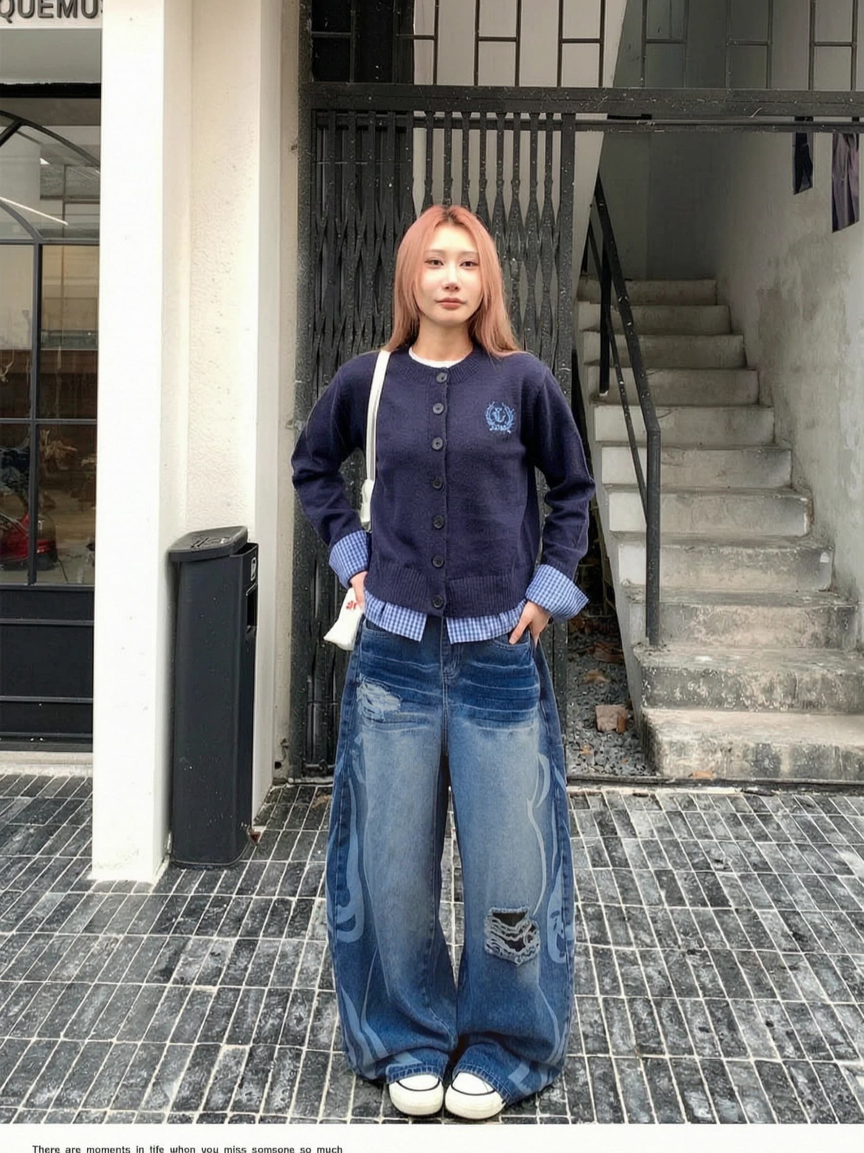 아메리칸 레트로 워싱 찢어진 부분 패턴 다용도 모통이 칼 청바지 바지 여자 캐주얼 루즈핏 넓은 다리 바닥 청소 바지 상세 이미지 5