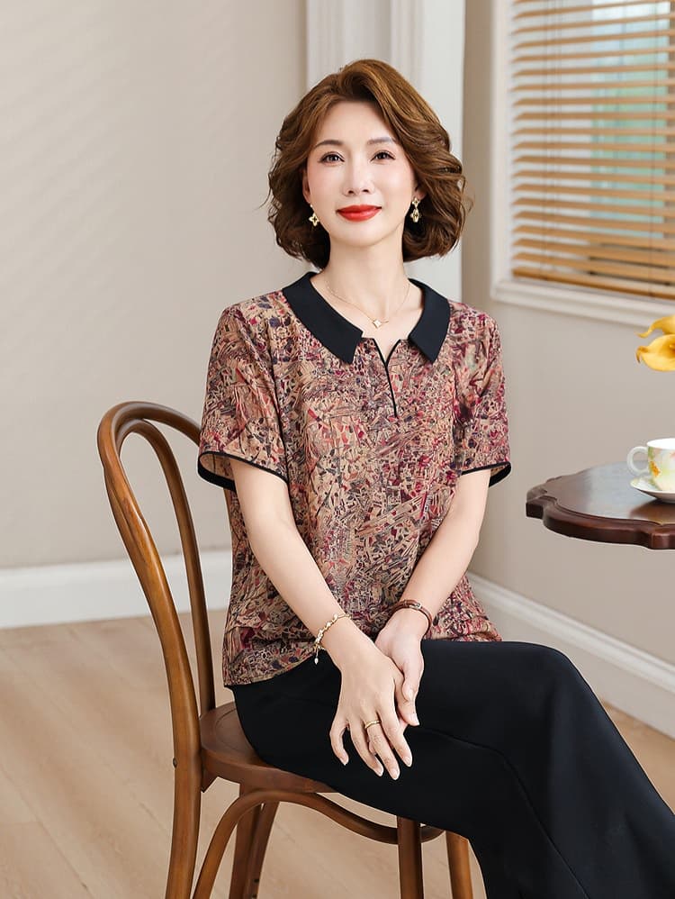 실크 맨위 2026 여름 새로운 국풍 프린트 반팔 마이크로 지방 엄마 연회 셔츠 상세 이미지 1