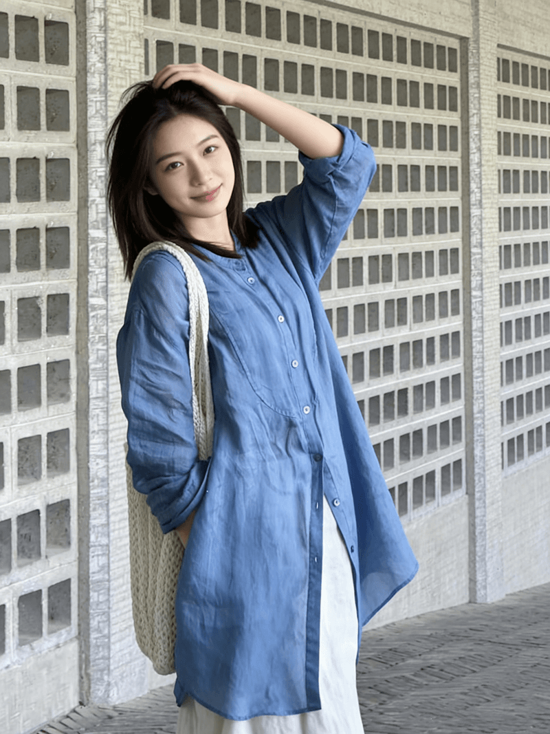 2026 느슨함 상쾌 문예 새로운 봄 여름 스탠드 칼라 셔츠 면 린넨 다용도 자외선 차단 의류 상세 이미지 6