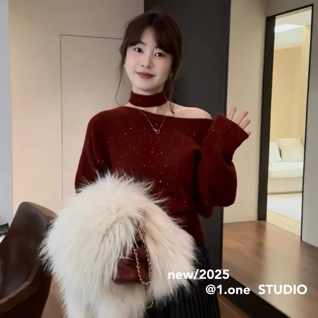 한 부서 분위기 센스 비스듬한 어깨 좋은 플래시 스팽글 니트 스웨터 여성 가을 겨울 플러스 두껍고 부드러운 찹쌀 허리 수축 스웨터 경기 목도리 이미지 2