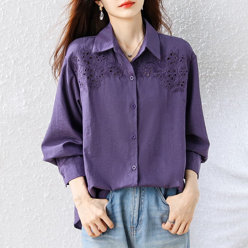 보라색 폴로 칼라 여성 셔츠 2026 년 이른 가을 새로운 긴팔 루즈핏 캐주얼 슬림해 보이는 고급 센스 연령 감소 맨위 이미지 2