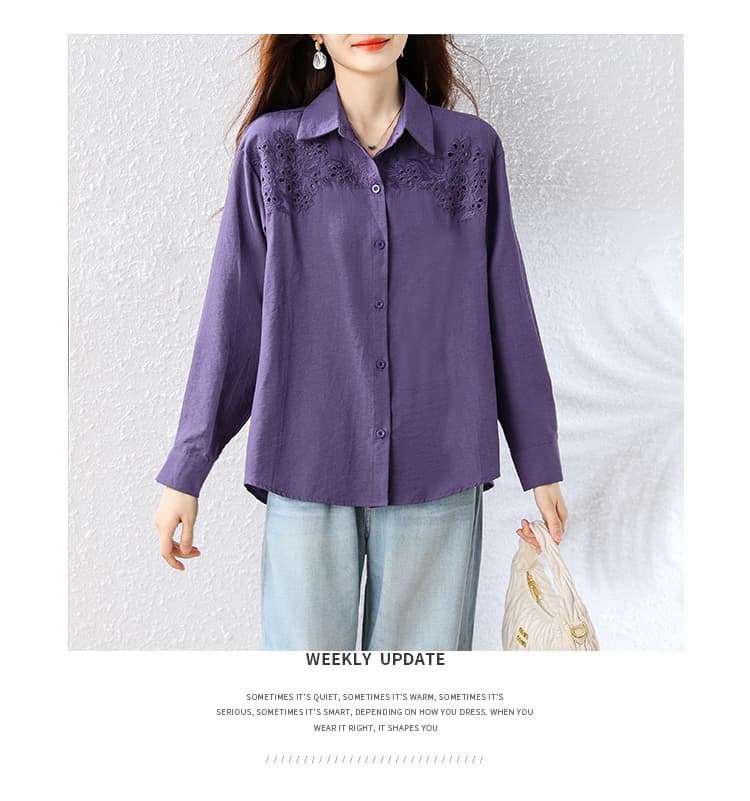 보라색 폴로 칼라 여성 셔츠 2026 년 이른 가을 새로운 긴팔 루즈핏 캐주얼 슬림해 보이는 고급 센스 연령 감소 맨위 상세 이미지 12