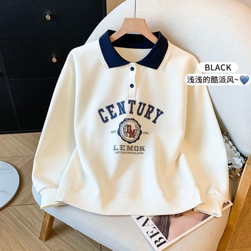 실사 2026 봄 새로운 POLO 칼라 작은 청신 문예 팬 다용도 루즈핏 패션 프린트 디자인 센스 후드티