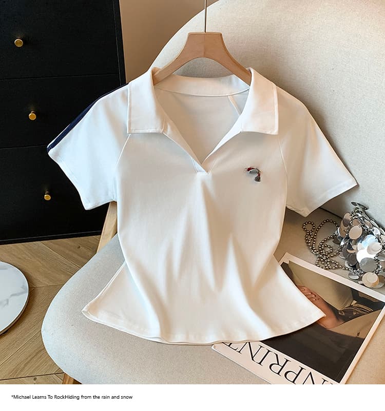 2026 여름 새로운 POLO 칼라 한 부서 작은 청신 반팔 티셔츠 여성 몸매 가꾸기 슬림해 보이는 디자인 센스 쇼트 스타일 맨위 상세 이미지 15