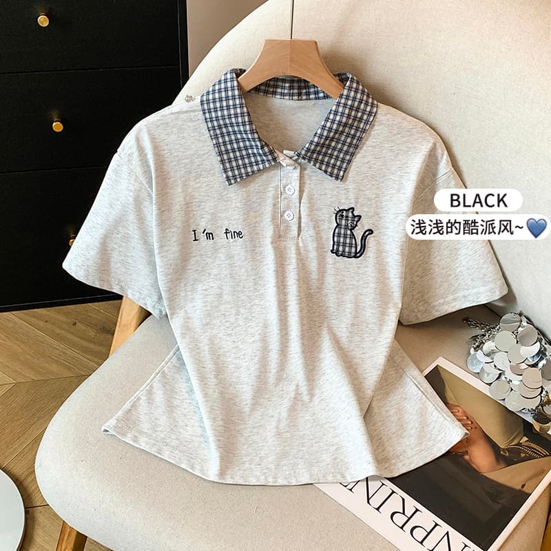 2026 여름 새로운 체크무늬 패치워크 학원 스타일 POLO 칼라 반팔 고양이 자수 티셔츠 슬림해 보이는 맨위 이미지 3