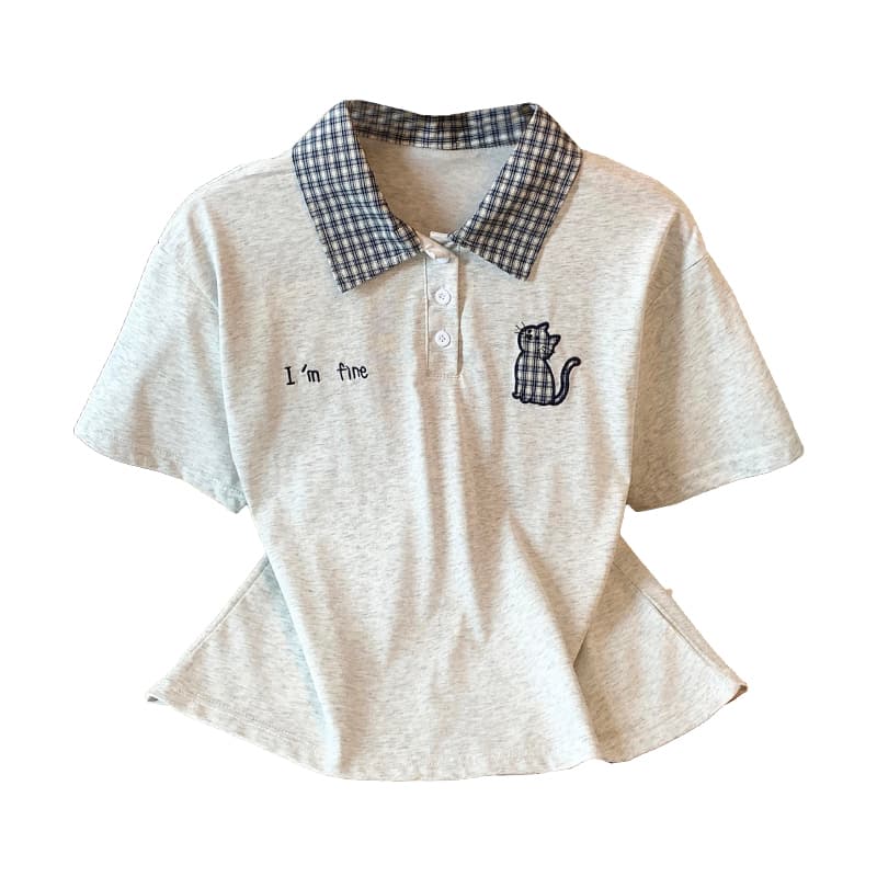 2026 여름 새로운 체크무늬 패치워크 학원 스타일 POLO 칼라 반팔 고양이 자수 티셔츠 슬림해 보이는 맨위 이미지 6