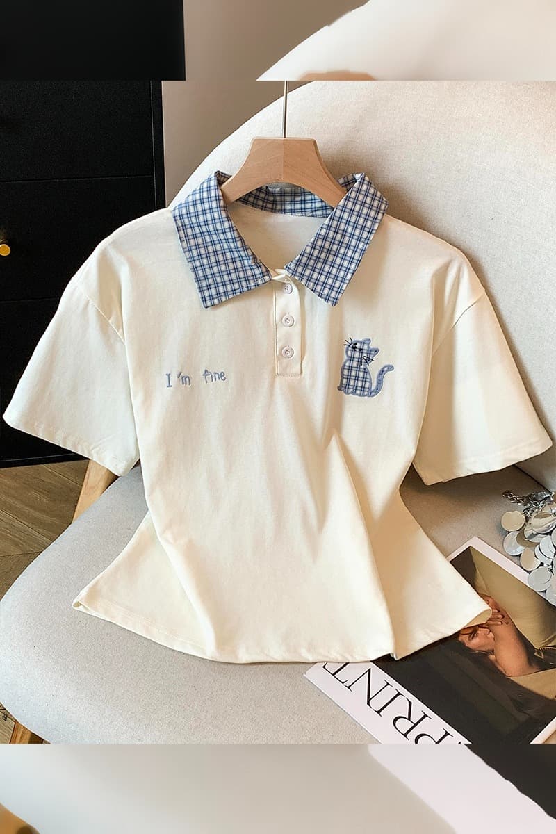 2026 여름 새로운 체크무늬 패치워크 학원 스타일 POLO 칼라 반팔 고양이 자수 티셔츠 슬림해 보이는 맨위 이미지 7