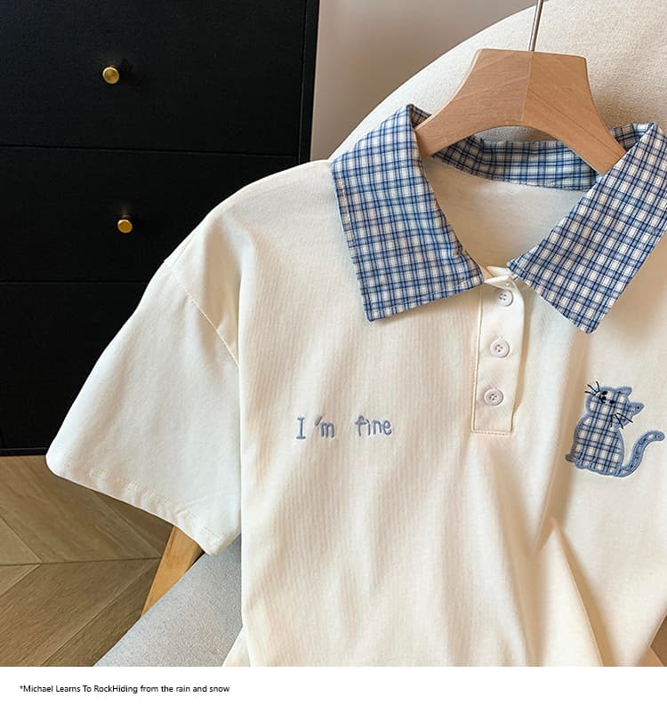 2026 여름 새로운 체크무늬 패치워크 학원 스타일 POLO 칼라 반팔 고양이 자수 티셔츠 슬림해 보이는 맨위 상세 이미지 17