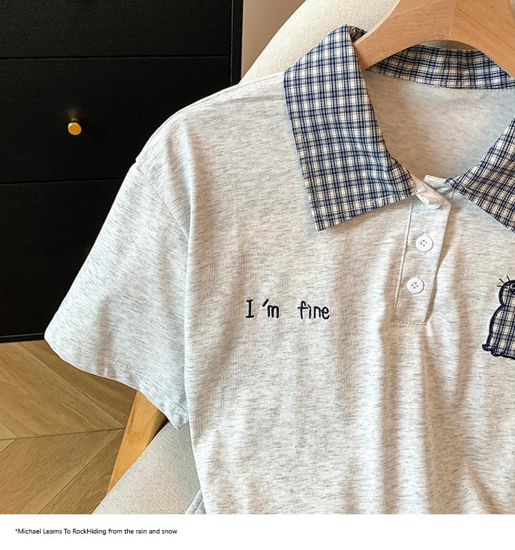 2026 여름 새로운 체크무늬 패치워크 학원 스타일 POLO 칼라 반팔 고양이 자수 티셔츠 슬림해 보이는 맨위 상세 이미지 21