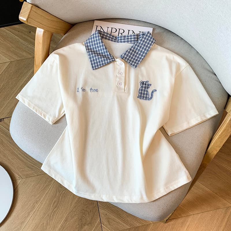 2026 여름 새로운 체크무늬 패치워크 학원 스타일 POLO 칼라 반팔 고양이 자수 티셔츠 슬림해 보이는 맨위 이미지 5