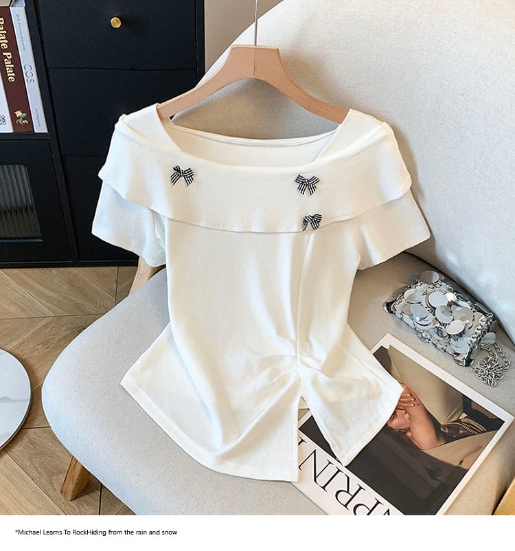 2026 여름 새로운 작은 대중 디자인 센스 오프숄더 부드러운 바람 반팔 티셔츠 긍정적 인 어깨 몸매 가꾸기 다용도 맨위 상세 이미지 17