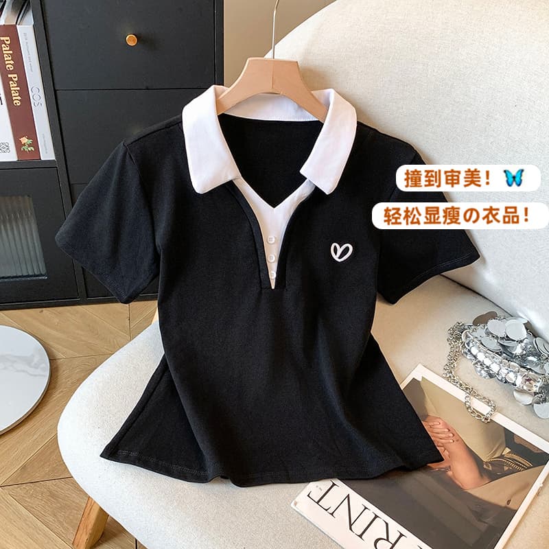 2026 여름 새로운 아메리칸 레트로 패치워크 색상 POLO 칼라 자수 반팔 작은 대중 디자인 센스 몸매 가꾸기 슬림해 보이는 맨위 이미지 4