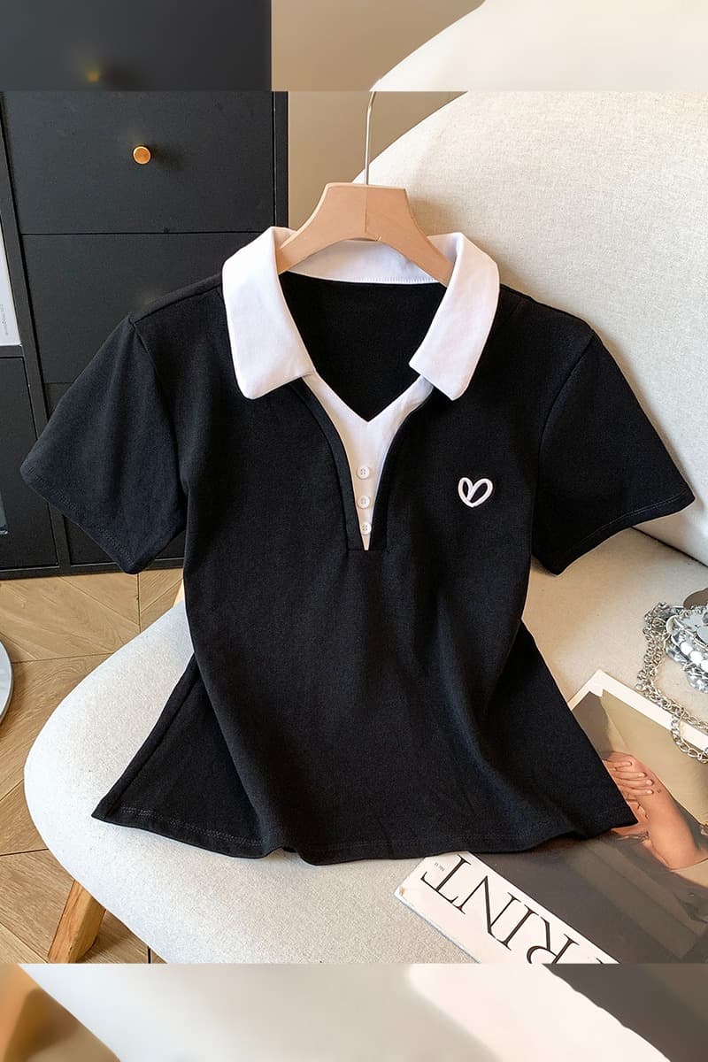 2026 여름 새로운 아메리칸 레트로 패치워크 색상 POLO 칼라 자수 반팔 작은 대중 디자인 센스 몸매 가꾸기 슬림해 보이는 맨위 이미지 7