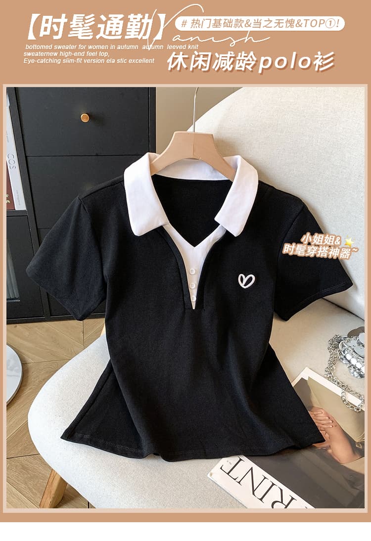 2026 여름 새로운 아메리칸 레트로 패치워크 색상 POLO 칼라 자수 반팔 작은 대중 디자인 센스 몸매 가꾸기 슬림해 보이는 맨위 상세 이미지 1