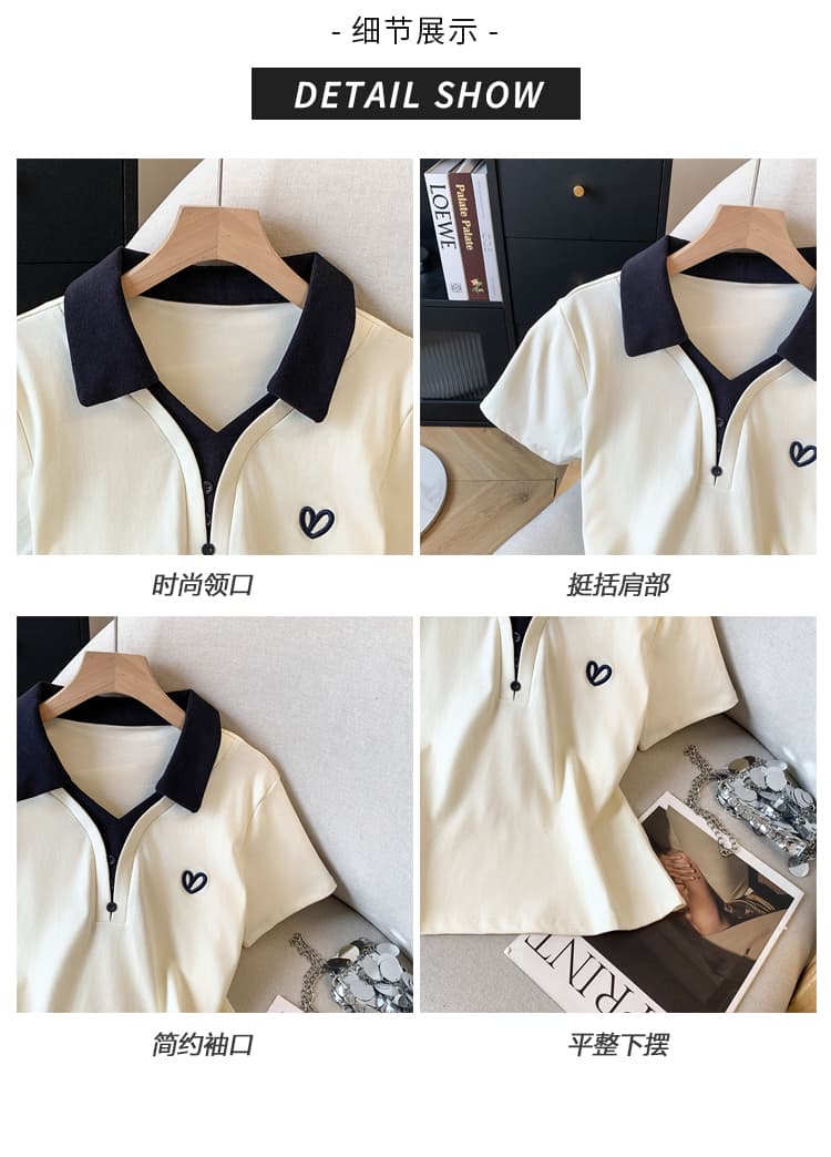 2026 여름 새로운 아메리칸 레트로 패치워크 색상 POLO 칼라 자수 반팔 작은 대중 디자인 센스 몸매 가꾸기 슬림해 보이는 맨위 상세 이미지 5