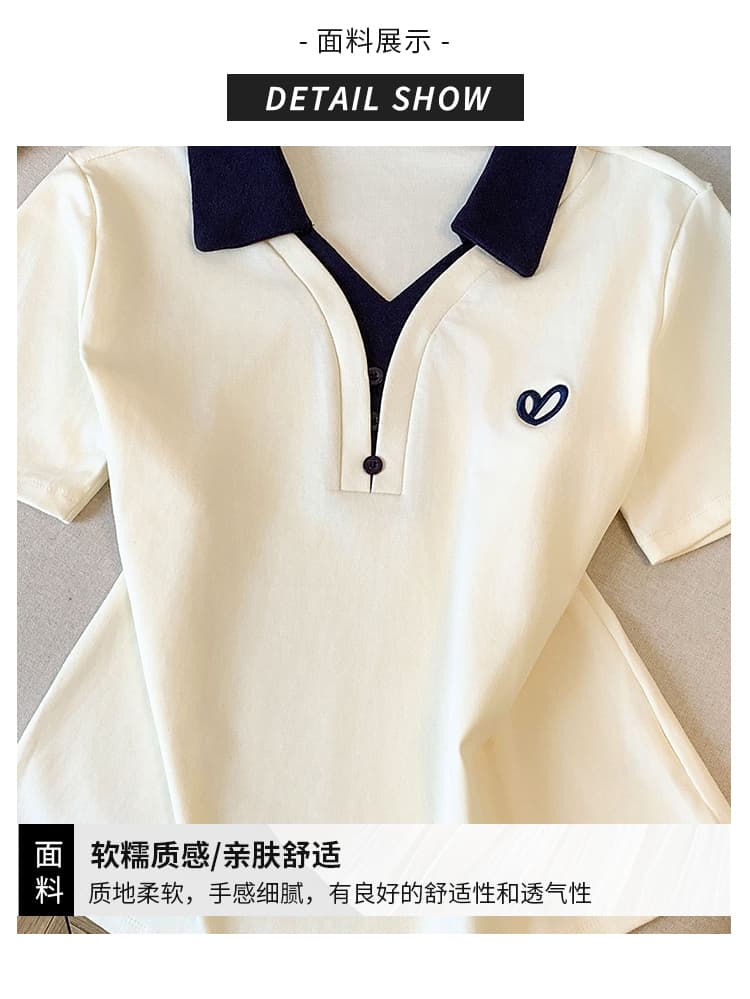 2026 여름 새로운 아메리칸 레트로 패치워크 색상 POLO 칼라 자수 반팔 작은 대중 디자인 센스 몸매 가꾸기 슬림해 보이는 맨위 상세 이미지 6