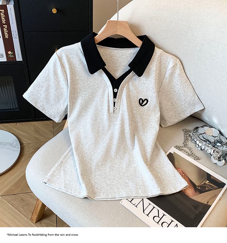 2026 여름 새로운 아메리칸 레트로 패치워크 색상 POLO 칼라 자수 반팔 작은 대중 디자인 센스 몸매 가꾸기 슬림해 보이는 맨위 상세 이미지 14