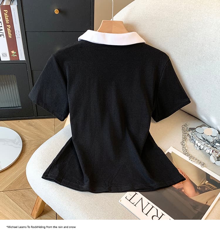 2026 여름 새로운 아메리칸 레트로 패치워크 색상 POLO 칼라 자수 반팔 작은 대중 디자인 센스 몸매 가꾸기 슬림해 보이는 맨위 상세 이미지 19