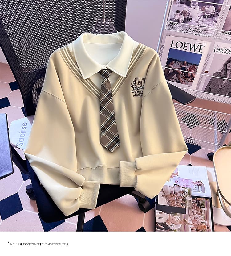 실사 2026 가을 새로운 패션 다용도 루즈핏 외국 가스 알파벳 자수 POLO 칼라 패치워크 색상 후드티 여성 셔츠 상세 이미지 10