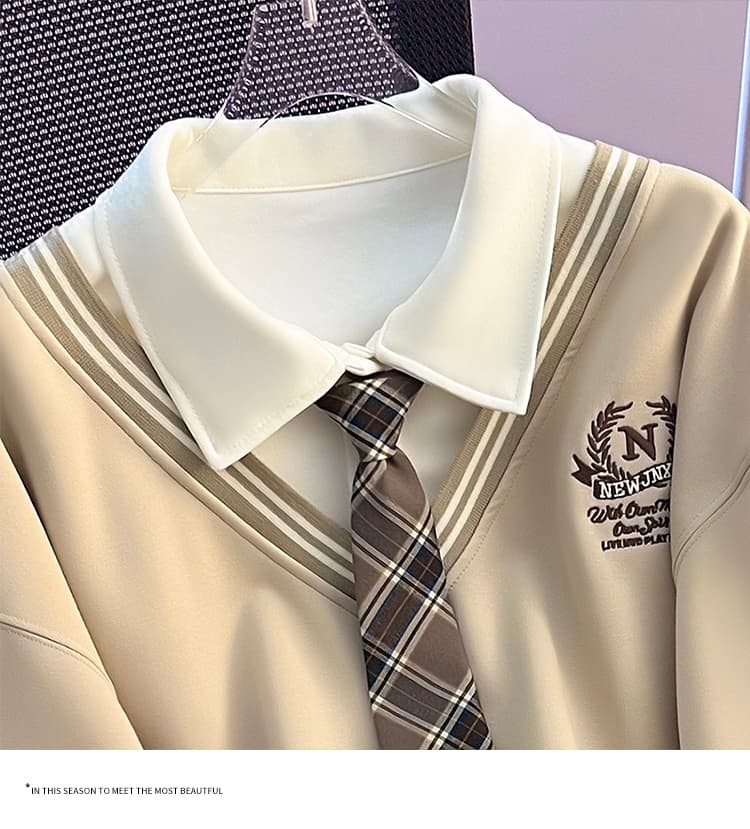 실사 2026 가을 새로운 패션 다용도 루즈핏 외국 가스 알파벳 자수 POLO 칼라 패치워크 색상 후드티 여성 셔츠 상세 이미지 11