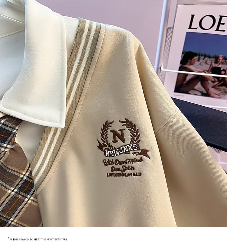 실사 2026 가을 새로운 패션 다용도 루즈핏 외국 가스 알파벳 자수 POLO 칼라 패치워크 색상 후드티 여성 셔츠 상세 이미지 12