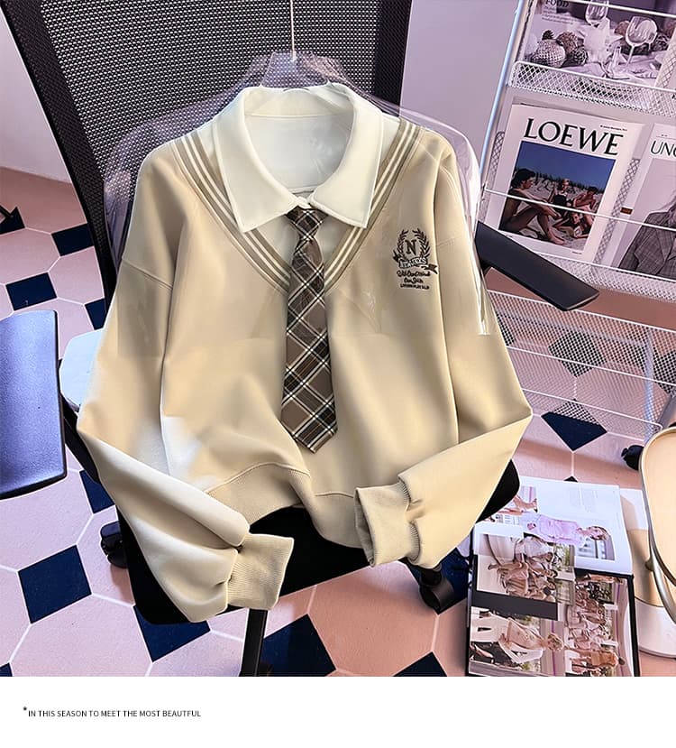 실사 2026 가을 새로운 패션 다용도 루즈핏 외국 가스 알파벳 자수 POLO 칼라 패치워크 색상 후드티 여성 셔츠 상세 이미지 15