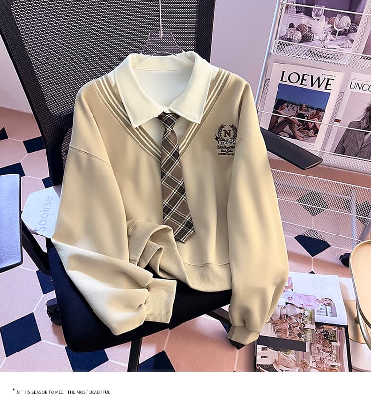 실사 2026 가을 새로운 패션 다용도 루즈핏 외국 가스 알파벳 자수 POLO 칼라 패치워크 색상 후드티 여성 셔츠 상세 이미지 16