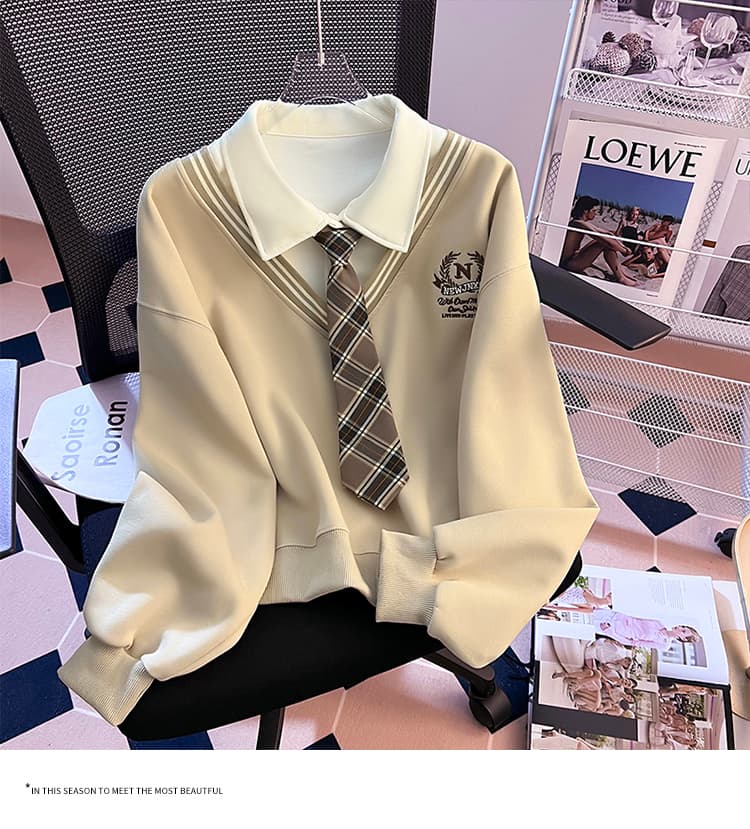 실사 2026 가을 새로운 패션 다용도 루즈핏 외국 가스 알파벳 자수 POLO 칼라 패치워크 색상 후드티 여성 셔츠 상세 이미지 17