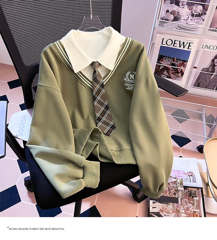 실사 2026 가을 새로운 패션 다용도 루즈핏 외국 가스 알파벳 자수 POLO 칼라 패치워크 색상 후드티 여성 셔츠 상세 이미지 20